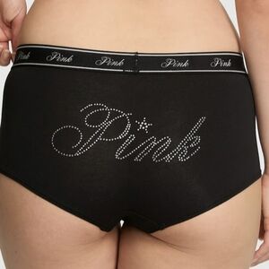 VS PINK Logo Limited Edition Black Script Diamante Cotton Boyshorts Panty Large